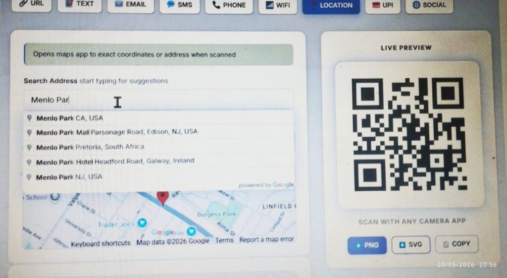 location auto complete in QR code for Location