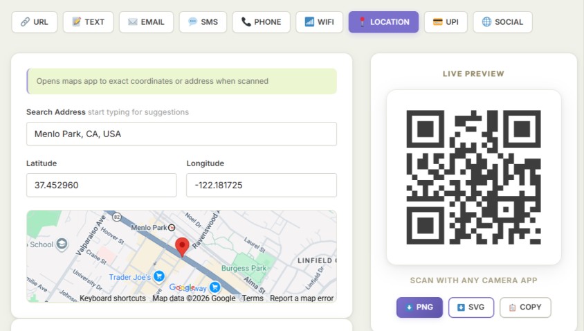 location qr code generation