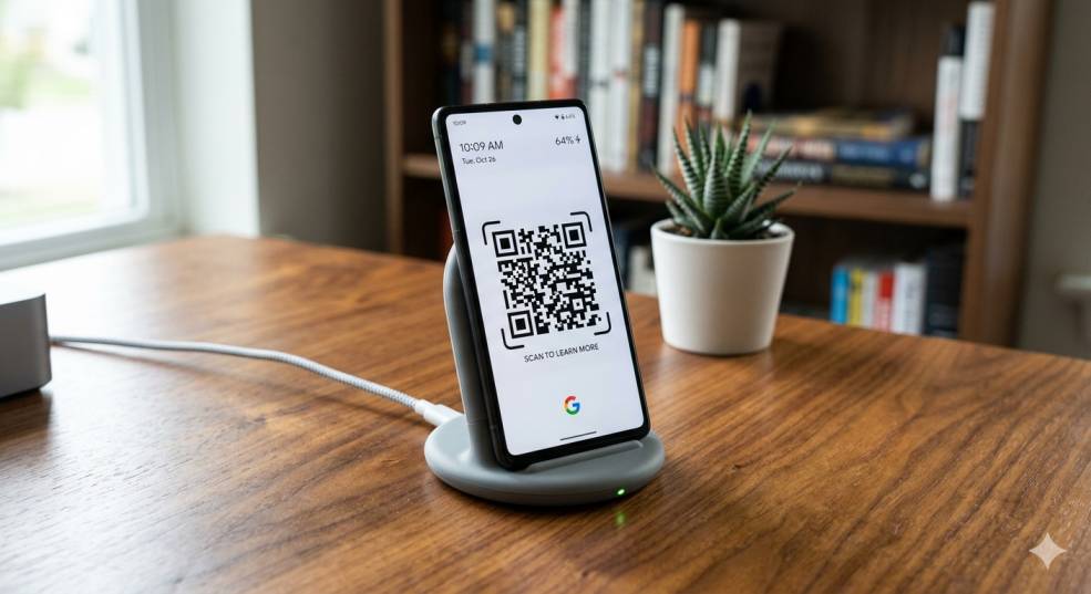 qr code A QR code get-up on a Google Pixel phone, set atop a veneer table, on a charging dock