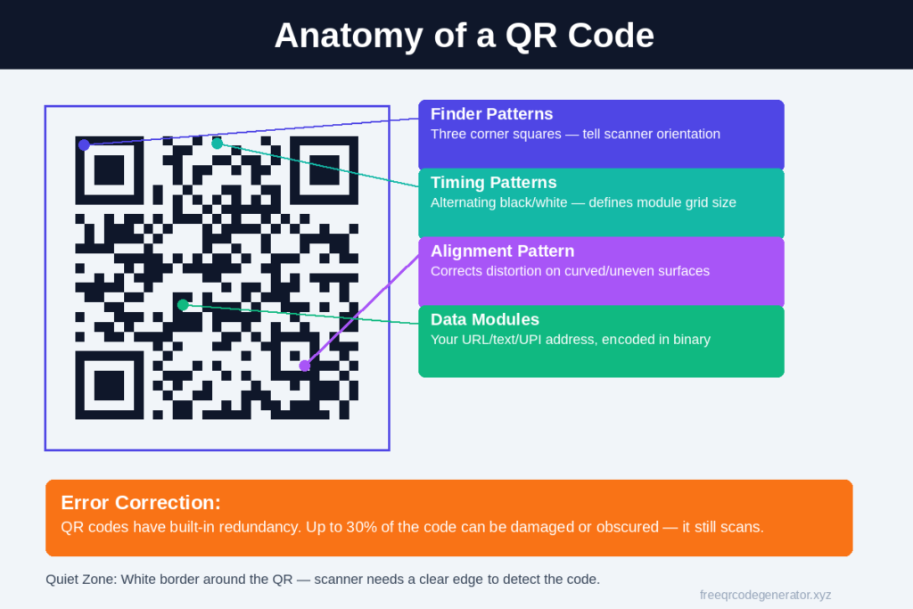 detailed breakdown of a QR Code — finder patterns, timing patterns, data modules